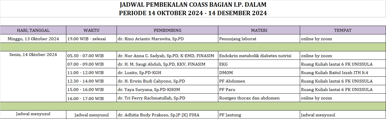 JADWAL PEMBEKALAN COASS BAGIAN I.P. DALAM PERIODE 14 OKTOBER 2024 - 14 DESEMBER 2024  Minggu, 13 Oktober 2024 19.00 WIB - selesai dr. Rino Arianto Marswita, Sp.PD Materi : Penunjang laborat (online by zoom) 				 Senin, 14 Oktober 2024 05.30 - 07.00 WIB  dr. Nur Anna C. Sadyah, Sp.PD, K-EMD, FINASIM Materi : Endokrin metabolik diabetes nutrisi (online by zoom)  07.00 - 09.00 WIB dr. H. M. Saugi Abduh, Sp.PD, KKV, FINASIM  Materi : EKG (Ruang Kuliah lantai 6 FK UNISSULA)  11.00 - 12.00 WIB dr. Lusito, Sp.PD-K