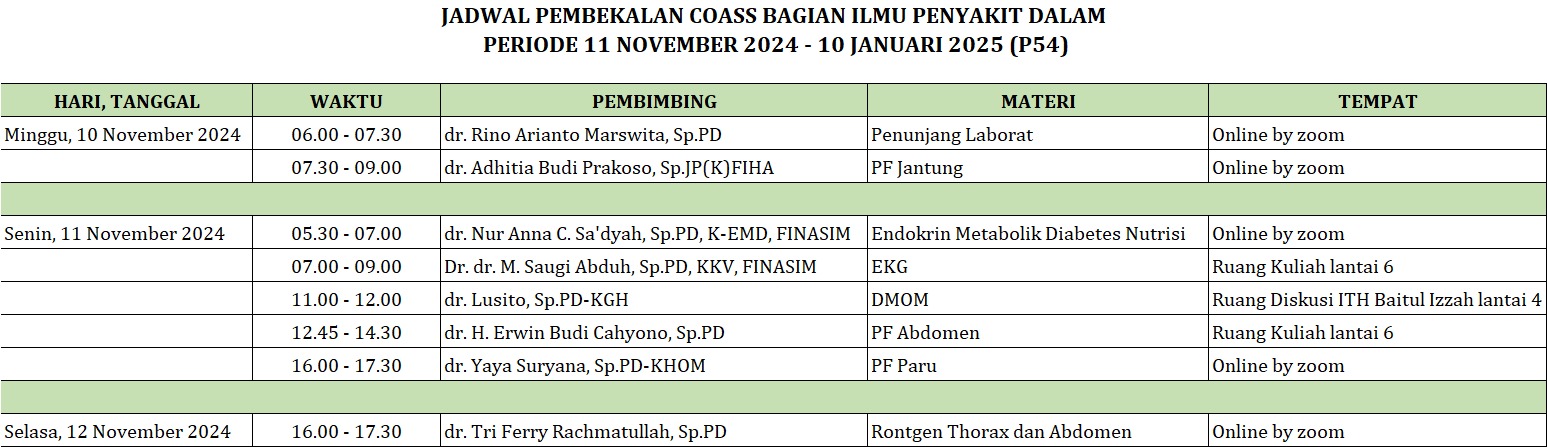 JADWAL PEMBEKALAN COASS BAGIAN ILMU PENYAKIT DALAM				  PERIODE 11 NOVEMBER 2024 - 10 JANUARI 2025 (P54)				 				 HARI, TANGGAL	WAKTU	PEMBIMBING	MATERI	TEMPAT Minggu, 10 November 2024	06.00 - 07.30	dr. Rino Arianto Marswita, Sp.PD	Penunjang Laborat 	Online by zoom 	07.30 - 09.00	dr. Adhitia Budi Prakoso, Sp.JP(K)FIHA	PF Jantung	Online by zoom 				 Senin, 11 November 2024	05.30 - 07.00	dr. Nur Anna C. Sa'dyah, Sp.PD, K-EMD, FINASIM	Endokrin Metabolik Diabetes Nutrisi	Online by zoom 	07.00 - 09.00	Dr. dr. M. 