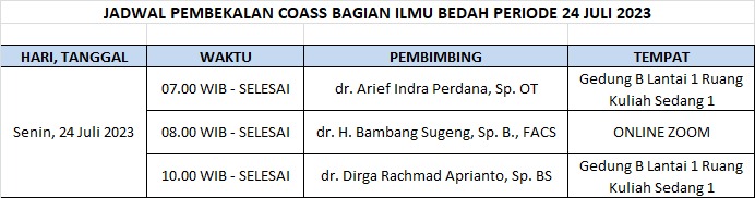 JADWAL PEMBEKALAN COASS BAGIAN ILMU BEDAH PERIODE 24 JULI 2023